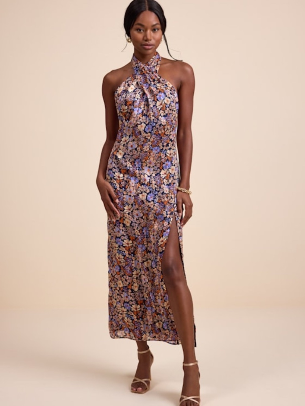 Lulus Elarinn Navy Floral Cross-front Halter Midi Dress Blue - Size S